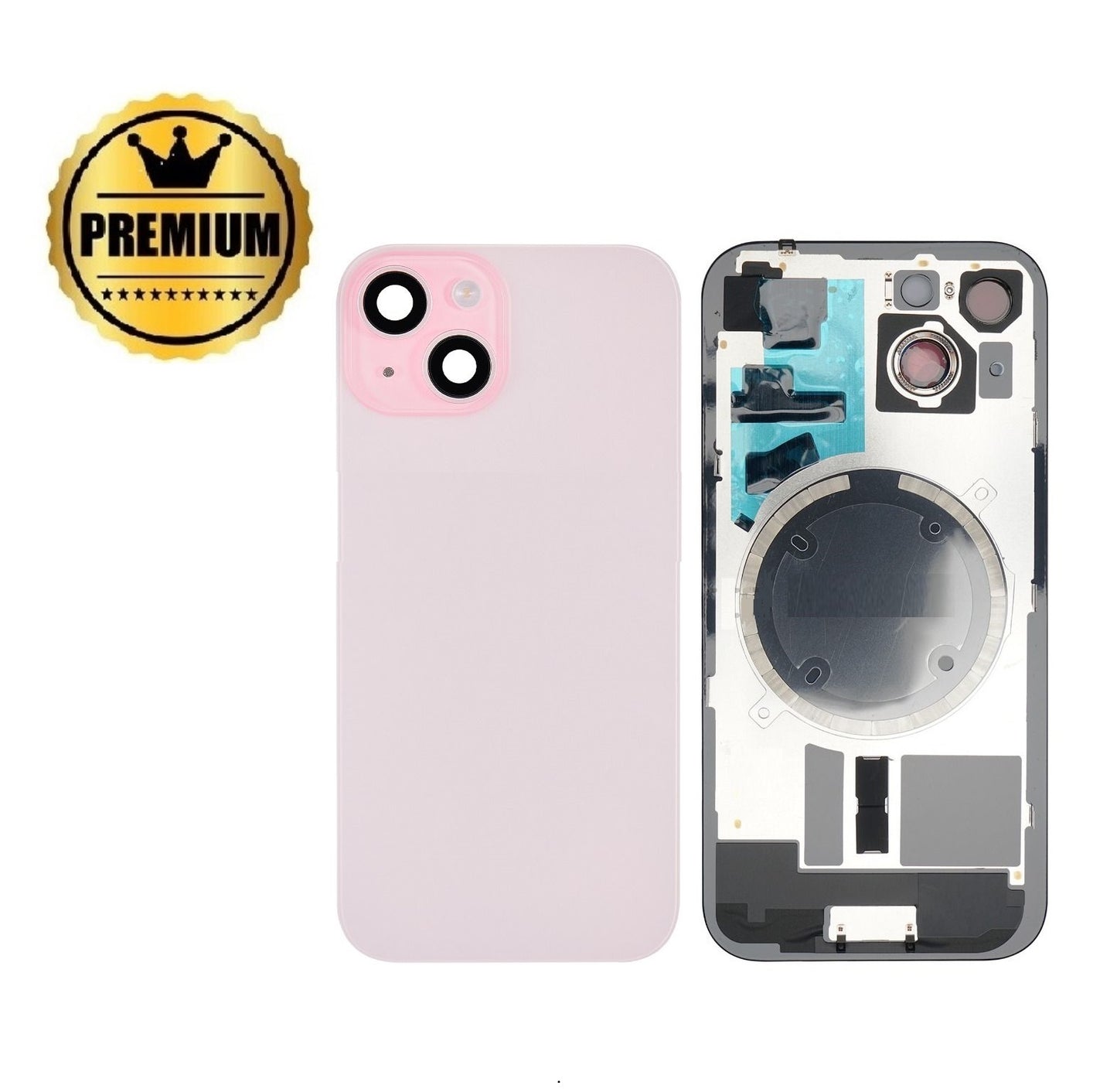 Premium iPhone 15 Back Rear Battery Cover Housing Door Replacement w Rear Camera Lens& MagSafe Magnet (Glass with Metal Panel) - Pink