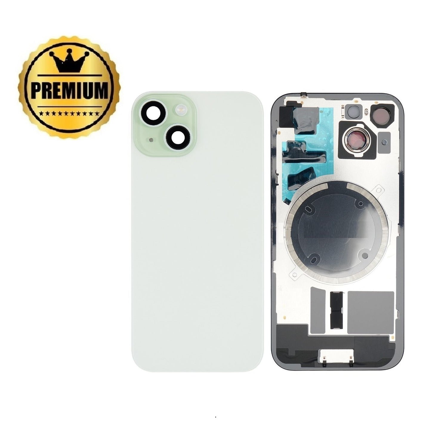 Premium iPhone 15 PLUS Back Rear Battery Cover Housing Door Replacement w Rear Camera Lens& MagSafe Magnet (Glass with Metal Panel) -Green