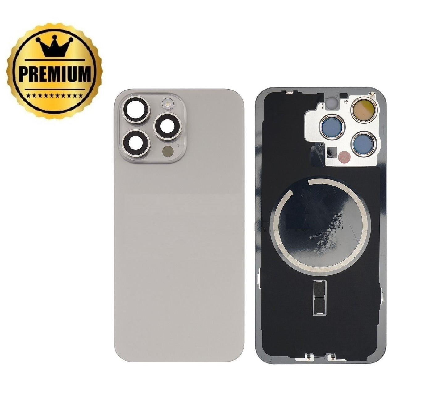 Premium iPhone 15 Pro Max Back Rear Battery Cover Housing Door Replacement w Rear Camera Lens & MagSafe Magnet- Natural Titanium