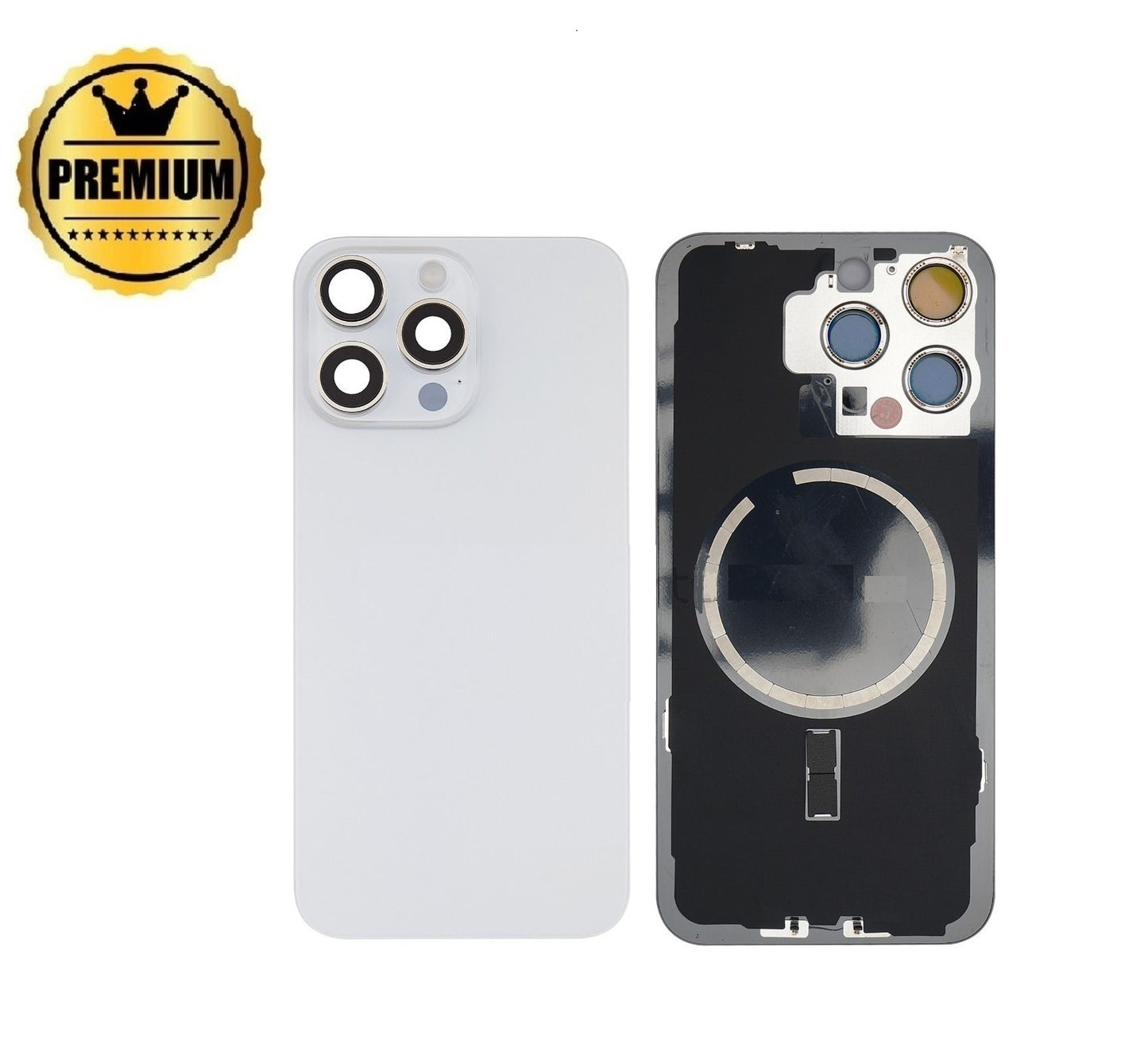 Premium iPhone 15 Pro Back Rear Battery Cover Housing Door Replacement w Rear Camera Lens & MagSafe Magnet- White Titanium