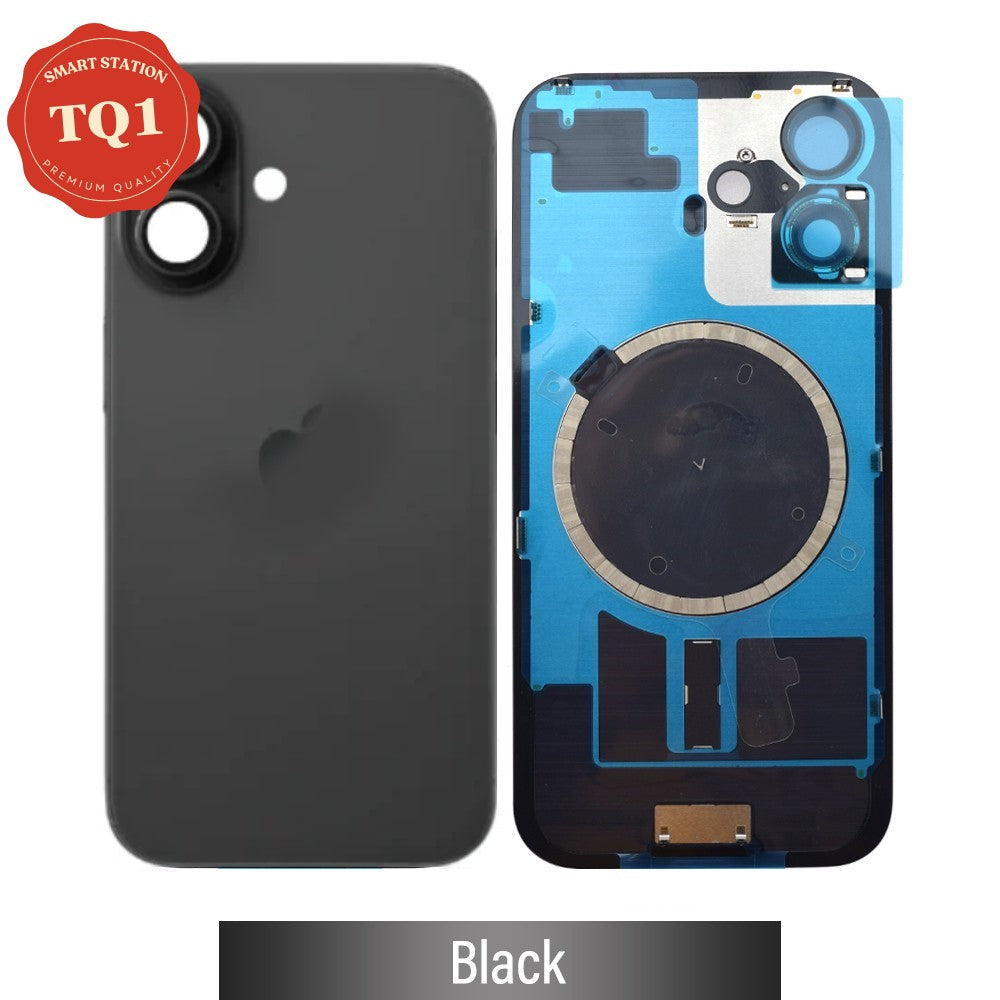 Premium iPhone 16 Back Rear Cover Replacement w Rear Camera Lens& MagSafe Magnet (Glass with Metal Panel) - Black
