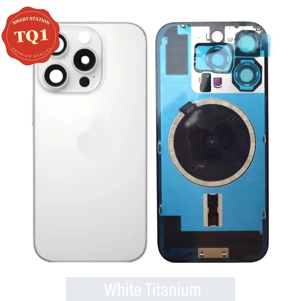 Premium iPhone 16 Pro Max Back Rear Cover Replacement w Rear Camera Lens& MagSafe Magnet (Glass with Metal Panel) - White
