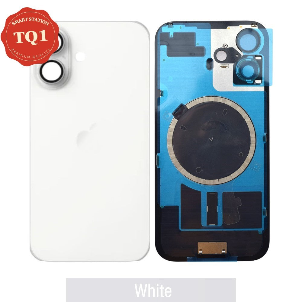 Premium iPhone 16 Back Rear Cover Replacement w Rear Camera Lens& MagSafe Magnet (Glass with Metal Panel) - White