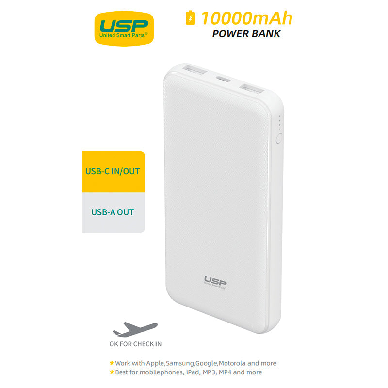 USP Power Bank 10K mAh (10000mAh)with 3 USB Outputs White