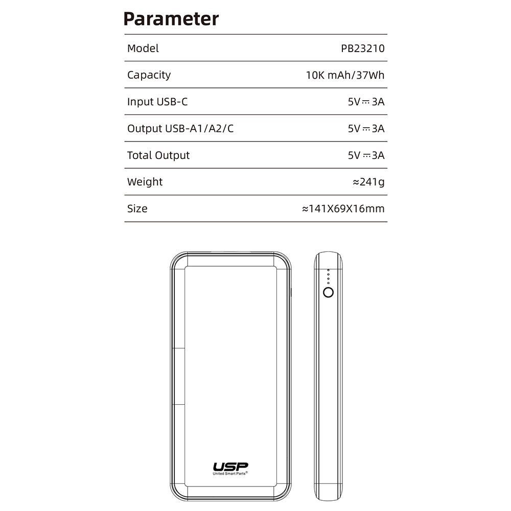 USP Power Bank 10K mAh (10000mAh)with 3 USB Outputs White
