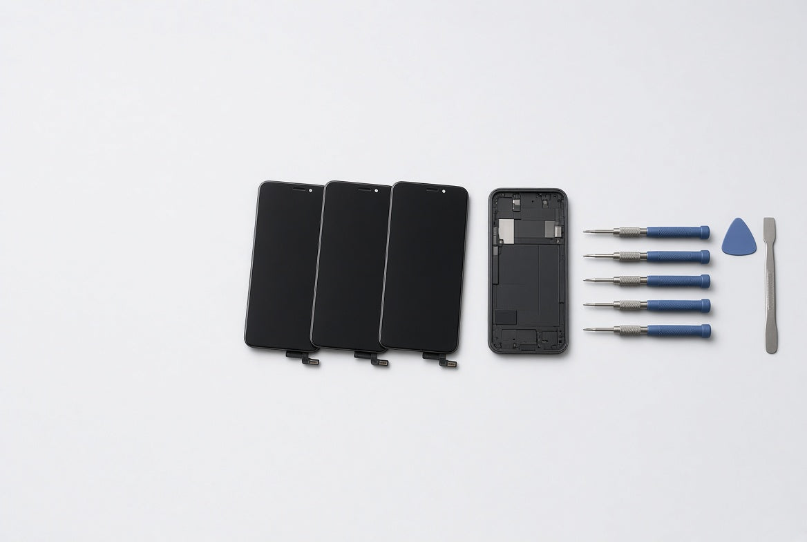 Replacement phone screen assemblies and blue repair tools on a light grey workbench