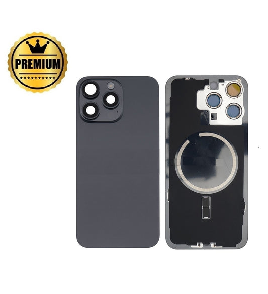 [TQ1]  iPhone 15 Pro Back Rear Cover w  Rear Camera Lens& MagSafe Magnet  (Glass with Metal Panel)- Black Titanium