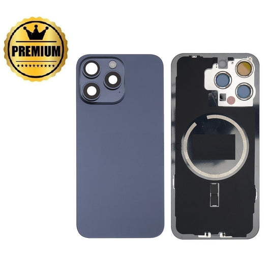 Premium iPhone 15 Pro Max Back Rear Battery Cover Housing Door Replacement w Rear Camera Lens & MagSafe Magnet- Blue Titanium