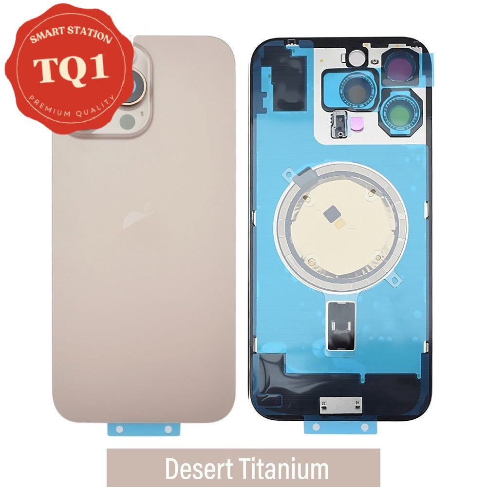 Premium iPhone 16 Pro Max Back Rear Cover Replacement w Rear Camera Lens& MagSafe Magnet (Glass with Metal Panel) - Desert Titanium