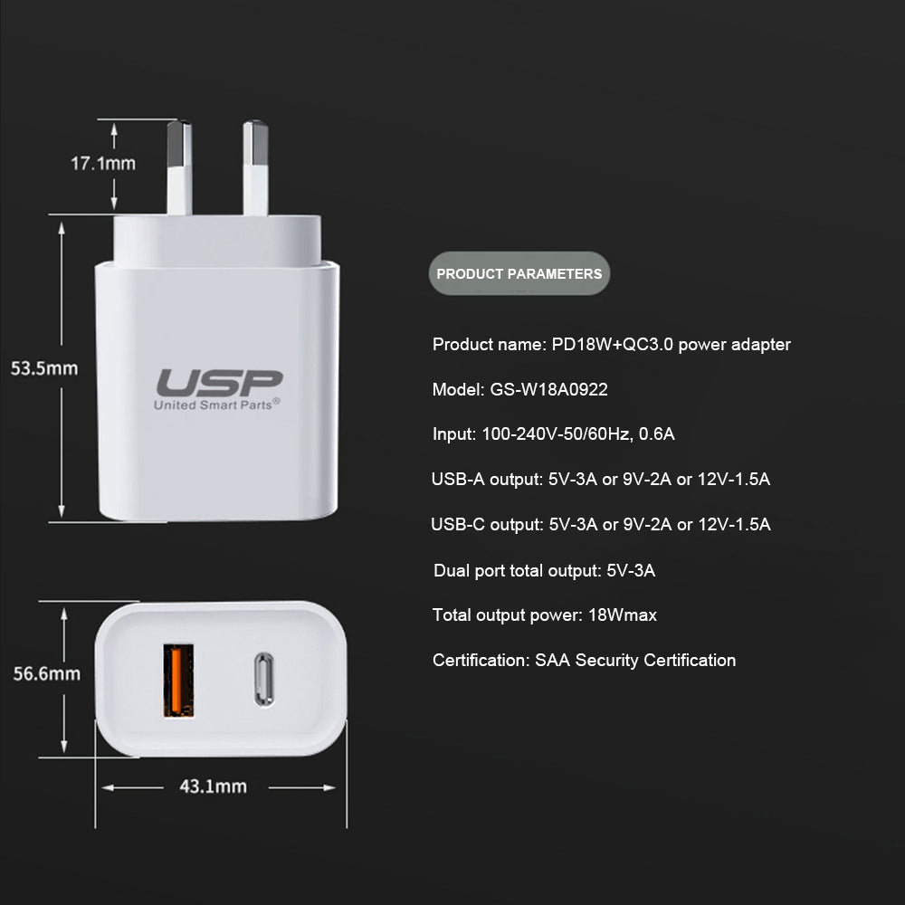20W QC3.0 Dual Port USB-A+USB-C PD Fast Wall Charger USP