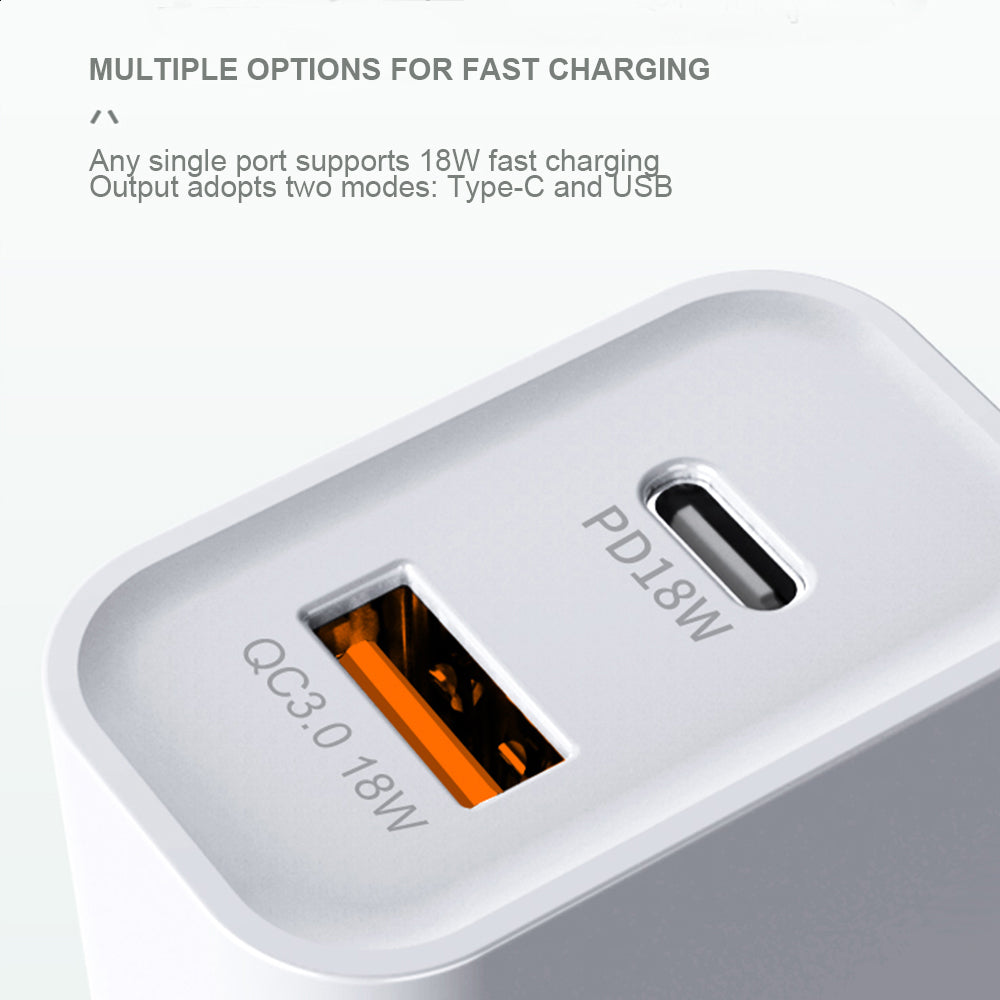 20W QC3.0 Dual Port USB-A+USB-C PD Fast Wall Charger USP