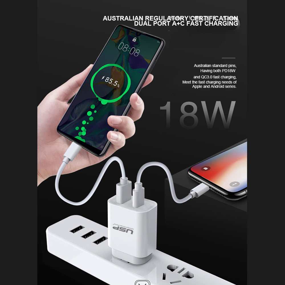 20W QC3.0 Dual Port USB-A+USB-C PD Fast Wall Charger USP