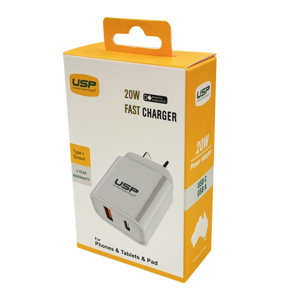 20W QC3.0 Dual Port USB-A+USB-C PD Fast Wall Charger USP
