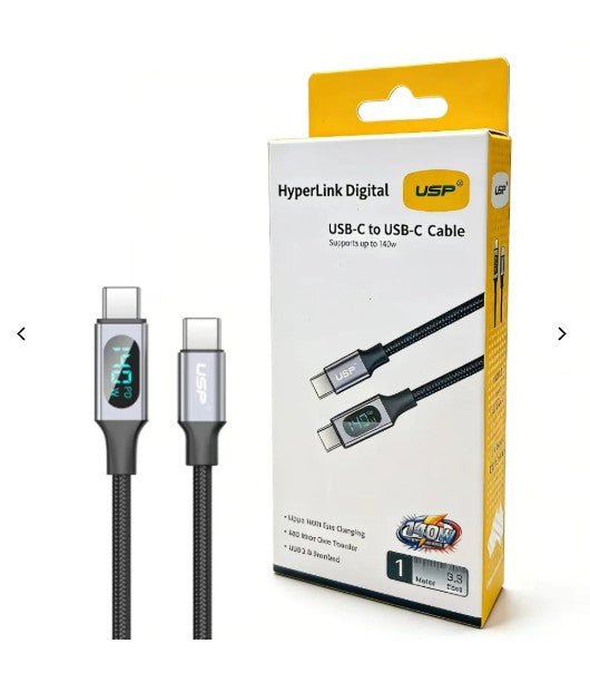 1M HyperLink Digital display USB-C to USB-C Cable Charge & Connect Black 140W USP