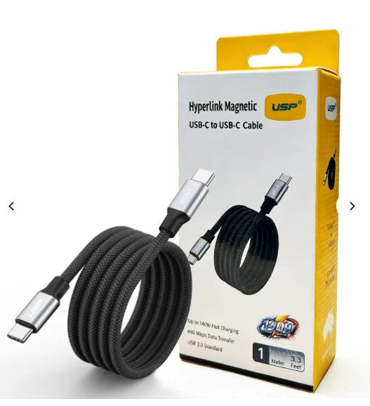 1M USP HyperLink Magnetic USB-C to USB-C Cable Charge Black 140W